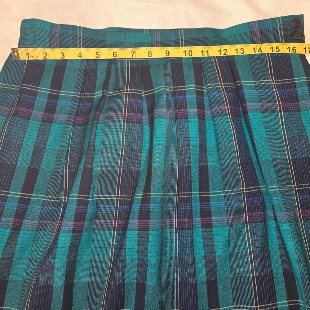 Sz 12 PENDLETON Vintage Teal Green Plaid Gathered Button Waist Zip Midi Skirt - Picture 6 of 7
